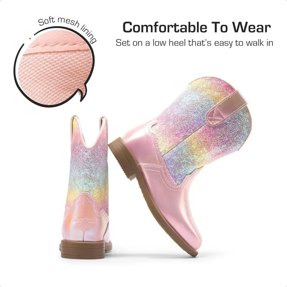 ⚡Girls Pink Rainbow Toddler Cowgirl Boots Western Square Toe Riding Mid Calf